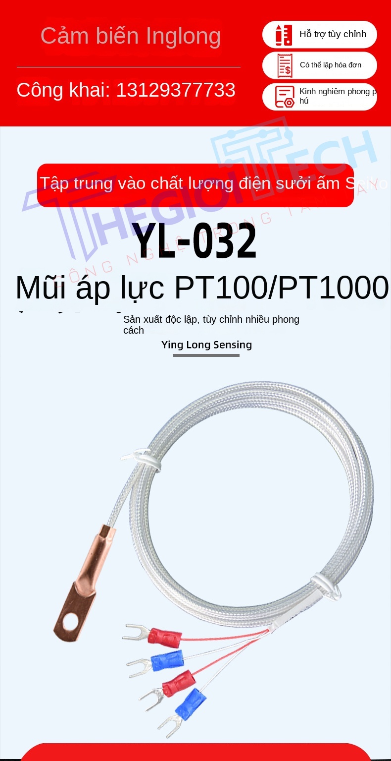 Cảm biến nhiệt độ PT100PT1000 kiểu ép mũi, 4 dây (4 lõi), đầu dò điện trở bạch kim công nghiệp - PT100 A 2m