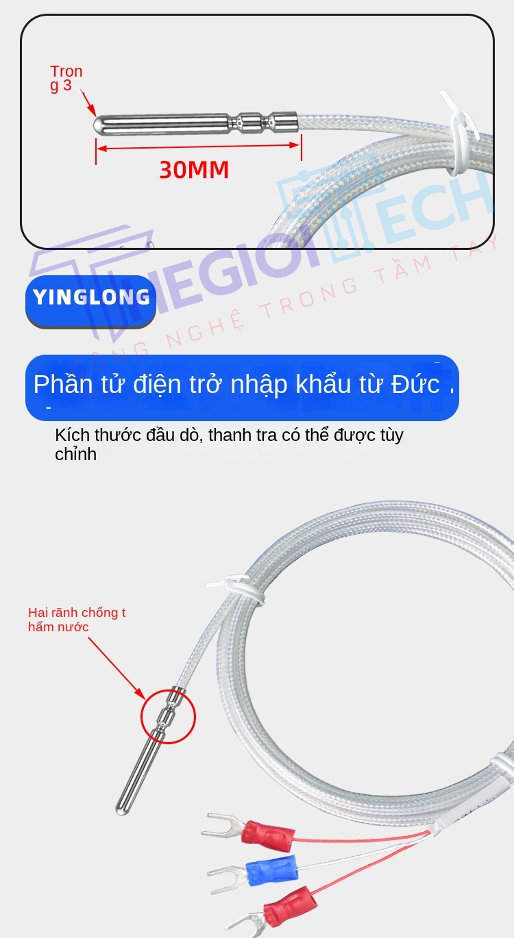 Cảm biến nhiệt độ PT100PT1000 nhập khẩu, đường kính 3mm, điện trở bạch kim 3 dây - PT100 A 7m