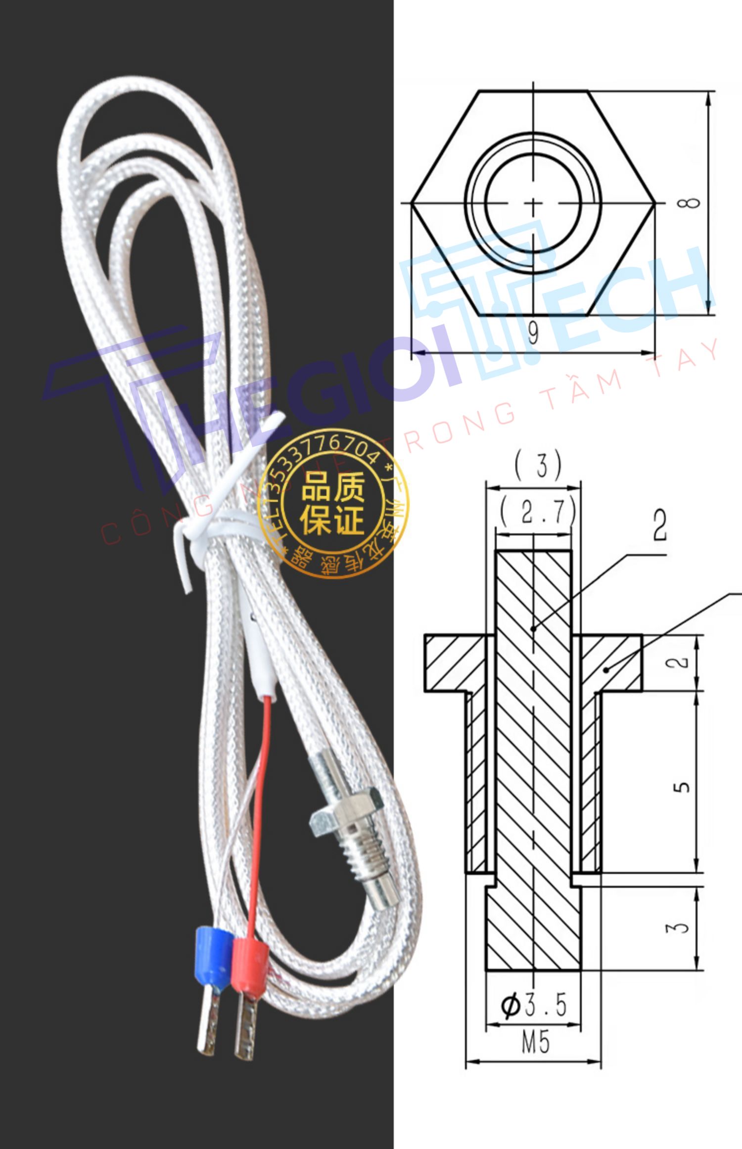 Cảm biến nhiệt độ PT100PT1000 ren M5, chuyên dụng cho bạc đạn (vòng bi), đầu dò điện trở nhiệt chính xác cao - PT100-A 0.5m M5