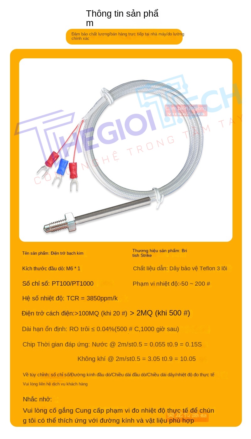 Cảm biến nhiệt độ PT100PT1000 ren M6, đầu dò đo nhiệt điện trở, dây đo nhiệt công nghiệp - PT100-A 9m M6