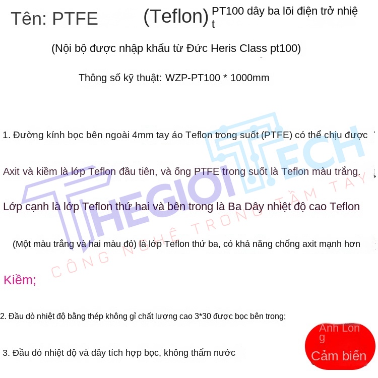 Cảm biến nhiệt độ PT100PT1000 vỏ Teflon chống ăn mòn, chịu axit – kiềm, chuyên dùng cho mạ điện - PT100-A 2m 50-260C