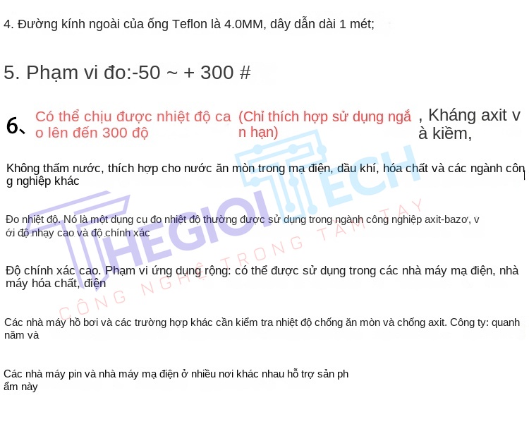 Cảm biến nhiệt độ PT100PT1000 vỏ Teflon chống ăn mòn, chịu axit – kiềm, chuyên dùng cho mạ điện - PT100-A 2m 50-260C