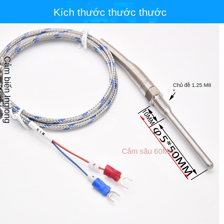 Cảm biến nhiệt độ Pt100 điện trở nhiệt bạch kim, đầu dò nhiệt độ cặp nhiệt điện loại K, ren cố định chống nước inox M8 - K-Ống 5×100MM 4m