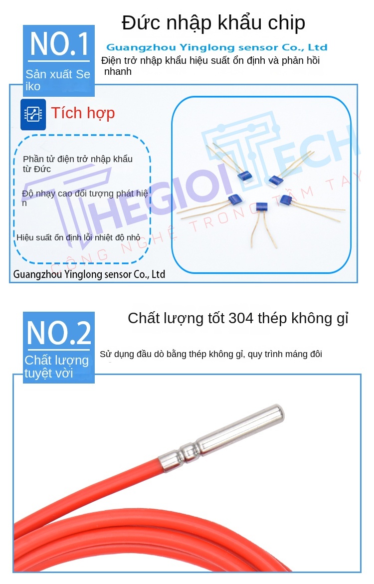 Cảm biến nhiệt độ WZP-PT100PT1000 3 dây, điện trở bạch kim, dây silicone chống nước - A 2m 0.1