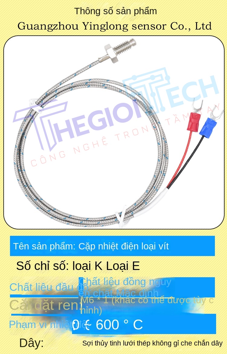 Cảm biến nhiệt độ cặp nhiệt điện loại K/E – kiểu vít M6, đầu dò đo nhiệt, dây cảm biến nhiệt dùng cho máy đo nhiệt độ và bộ điều khiển nhiệt - CB-K/E-M6 3m