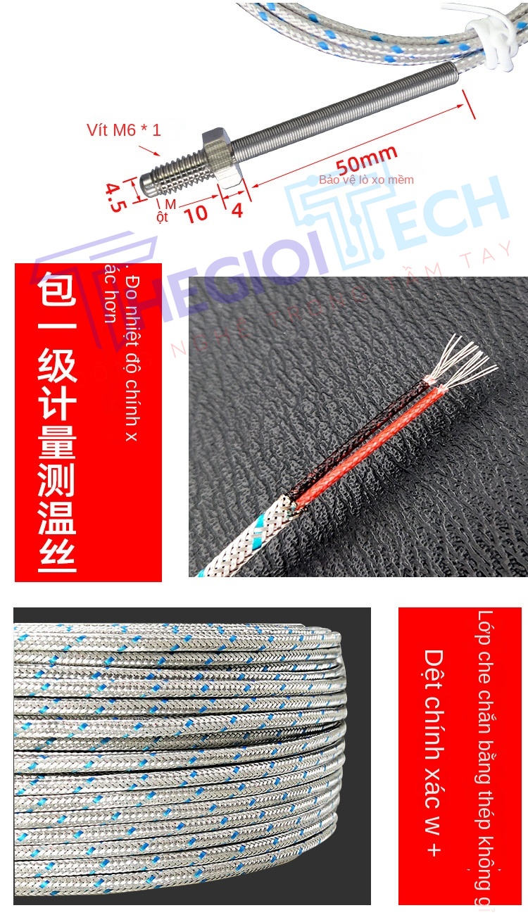 Cảm biến nhiệt độ cặp nhiệt điện loại K dây nhiều sợi, dạng vít M6 – dùng cho máy đo nhiệt độ, bộ điều khiển nhiệt, đầu dò cảm biến nhiệt - K-M8 3m