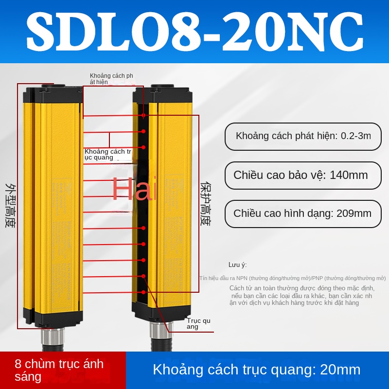 Cảm biến quang an toàn Shiluotai – Mành quang hồng ngoại đối xạ, bảo vệ máy dập, phát hiện an toàn đa năng - SDL – 18 trục quang, khoảng cách 20 mm, chiều cao bảo vệ 340 mm