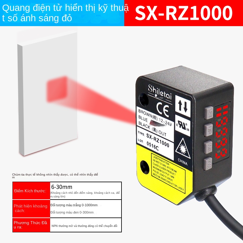 Cảm biến quang điện hiển thị số Shiluotai – Cài đặt một nút, điều chỉnh khoảng cách, chế độ NO/NC, có chức năng trễ thông minh - SX-LRZ1000 PNP – Cảm biến quang phản xạ khuếch tán, tia laser