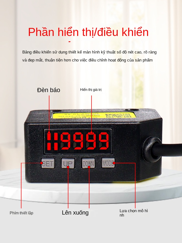 Cảm biến quang điện hiển thị số Shiluotai – Cài đặt một nút, điều chỉnh khoảng cách, chế độ NO/NC, có chức năng trễ thông minh - SX-RZ1000 NPN – Cảm biến quang phản xạ khuếch tán, tia đỏ
