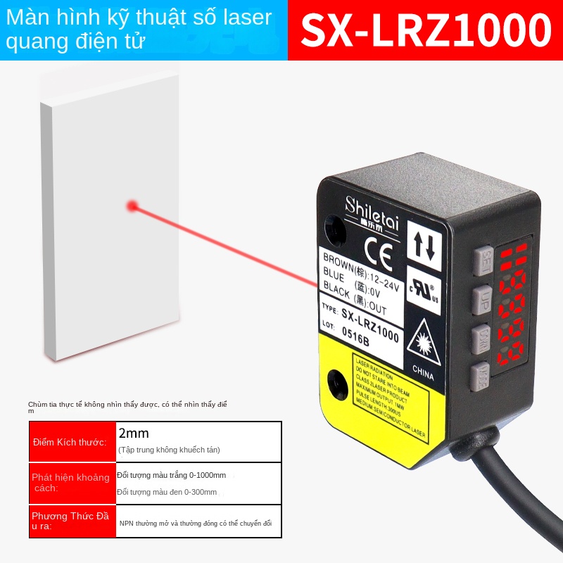 Cảm biến quang điện hiển thị số Shiluotai – Cài đặt một nút, điều chỉnh khoảng cách, chế độ NO/NC, có chức năng trễ thông minh - SX-RZ1000 NPN – Cảm biến quang phản xạ khuếch tán, tia đỏ