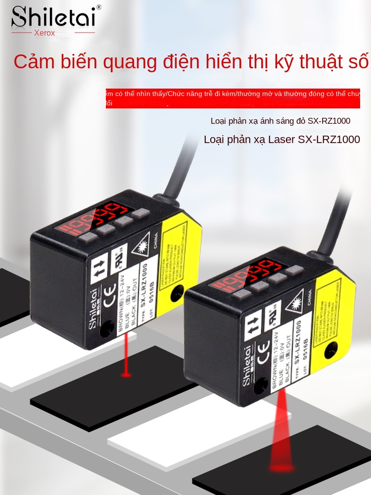Cảm biến quang điện hiển thị số Shiluotai – Cài đặt một nút, điều chỉnh khoảng cách, chế độ NO/NC, có chức năng trễ thông minh - SX-RZ1000 NPN – Cảm biến quang phản xạ khuếch tán, tia đỏ