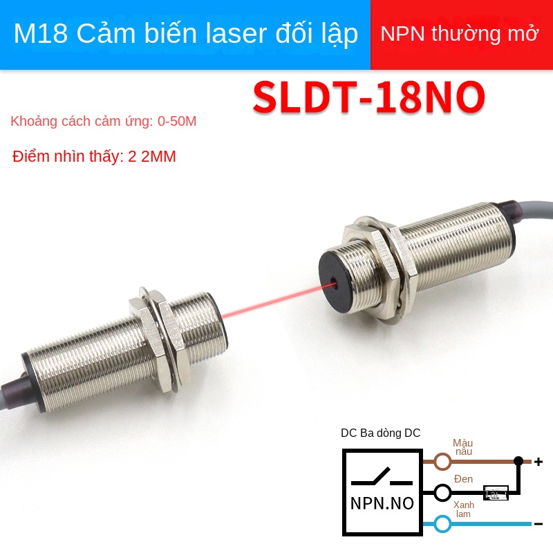 Cảm biến quang laser Shiluotai M12/M18 – Loại đối xạ, điểm sáng nhỏ, phát hiện tầm xa, định vị chính xác - SLDT-12NP – Cảm biến quang đối xạ dạng tia xuyên, ngõ ra PNP thường mở