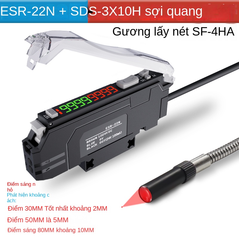 Cảm biến quang sợi điểm sáng 1mm – Bộ khuếch đại quang sợi thông minh, phản xạ khuếch tán, công tắc quang tốc độ cao - ESR-22N+SDS-3X10H+SF-5HA