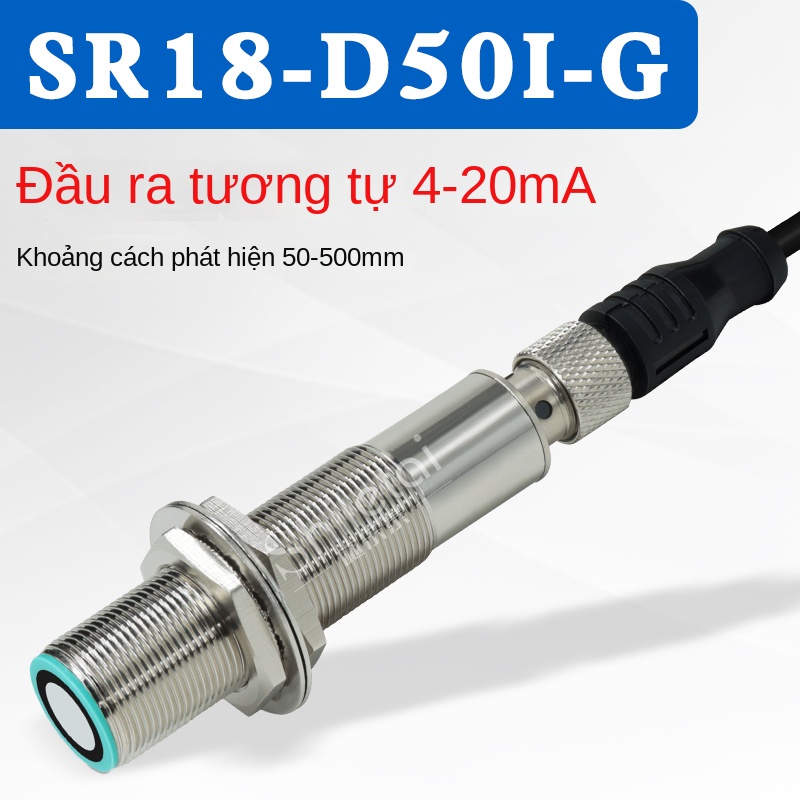 Cảm biến siêu âm đo mức và khoảng cách – Độ chính xác cao, hỗ trợ phát hiện vật trong suốt, đối xạ/khuếch tán, ứng dụng cho ngành in ấn và phát hiện giấy đôi - SR18-D50I-G – Cảm biến khoảng cách analog ngõ ra 4–20mA