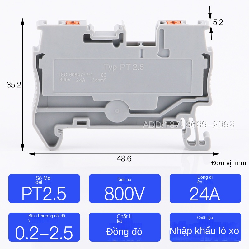 Cầu đấu PT2.5 cắm thẳng – Đấu dây nhanh không cần dụng cụ, 2.5mm², dạng lò xo trên thanh DIN, chân tiếp xúc đồng đỏ - PT2.5-PE – Màu vàng xanh, đầu nối tiếp đất