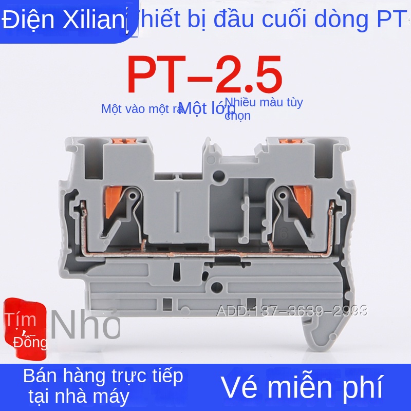 Cầu đấu PT2.5 cắm thẳng – Đấu dây nhanh không cần dụng cụ, 2.5mm², dạng lò xo trên thanh DIN, chân tiếp xúc đồng đỏ - PT2.5-PE – Màu vàng xanh, đầu nối tiếp đất