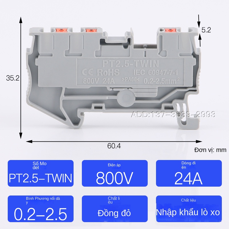 Cầu đấu PT2.5TWIN – 1 vào 2 ra, loại 3 lỗ, cắm thẳng, đấu nối nhanh không cần dụng cụ, chân tiếp xúc đồng đỏ - E-UK – Bộ phụ kiện cố định
