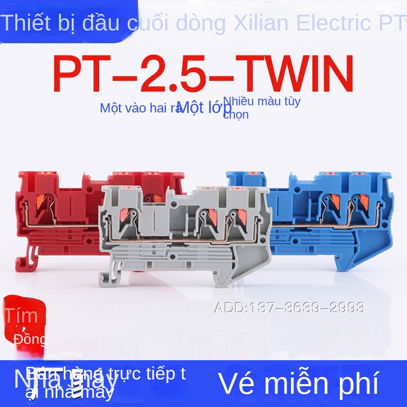 Cầu đấu PT2.5TWIN – 1 vào 2 ra, loại 3 lỗ, cắm thẳng, đấu nối nhanh không cần dụng cụ, chân tiếp xúc đồng đỏ - E-UK – Bộ phụ kiện cố định