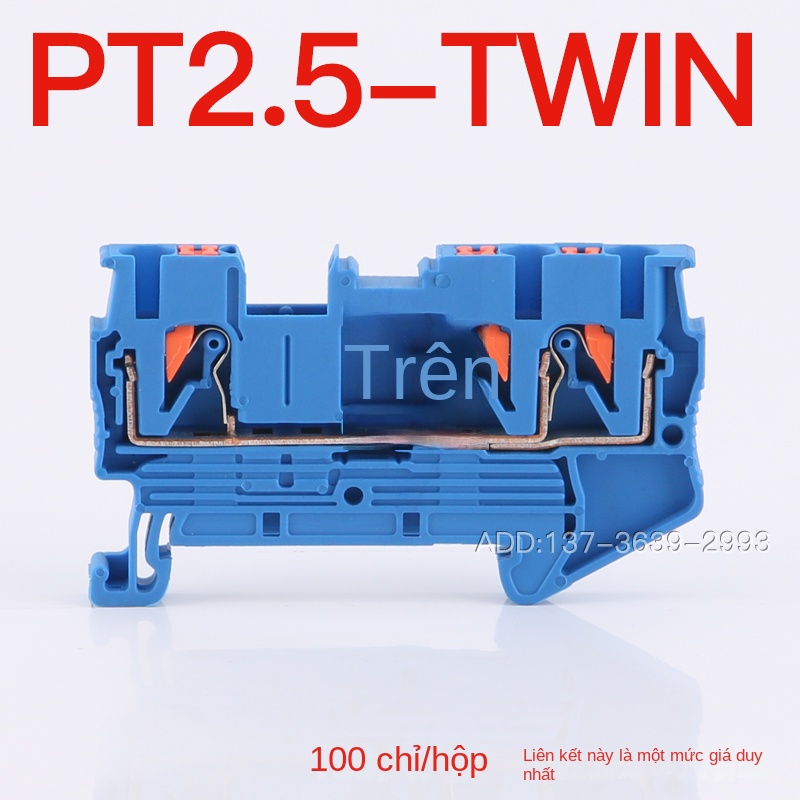 Cầu đấu PT2.5TWIN – 1 vào 2 ra, loại 3 lỗ, cắm thẳng, đấu nối nhanh không cần dụng cụ, chân tiếp xúc đồng đỏ - E-UK – Bộ phụ kiện cố định