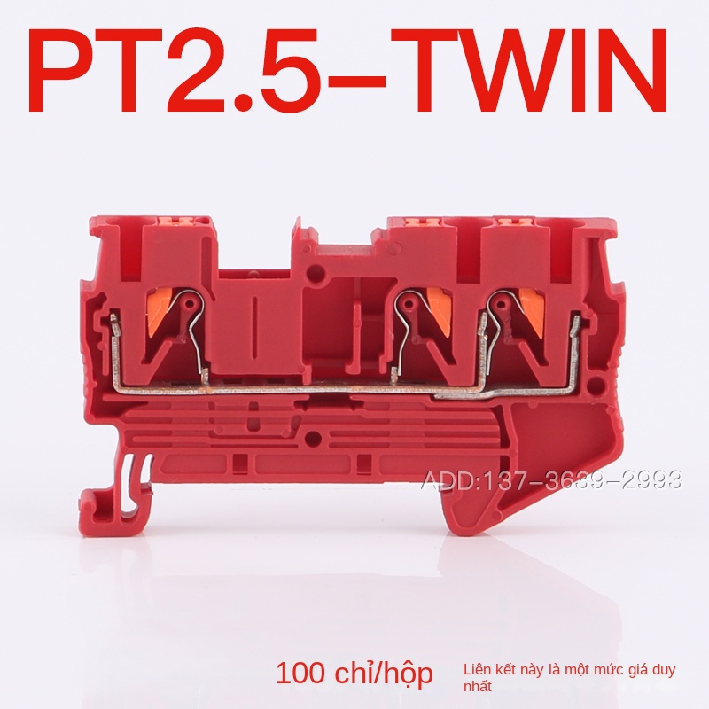 Cầu đấu PT2.5TWIN – 1 vào 2 ra, loại 3 lỗ, cắm thẳng, đấu nối nhanh không cần dụng cụ, chân tiếp xúc đồng đỏ - E-UK – Bộ phụ kiện cố định