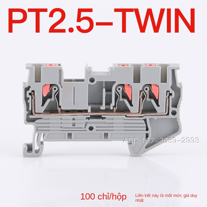 Cầu đấu PT2.5TWIN – 1 vào 2 ra, loại 3 lỗ, cắm thẳng, đấu nối nhanh không cần dụng cụ, chân tiếp xúc đồng đỏ - PT2.5-TWIN – Đầu nối đôi màu đỏ
