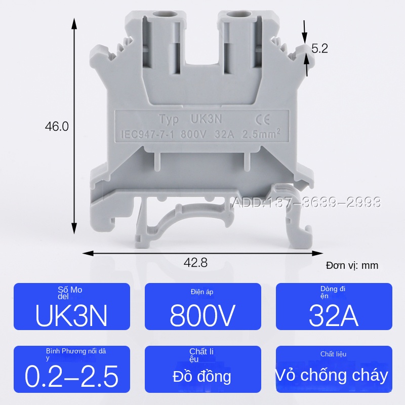 Cầu đấu điện áp gắn thanh DIN UK3N – UK-2.5N, 2.5mm², đồng nguyên chất, chống tuột vít, vỏ nhựa chống cháy - UK3N xám