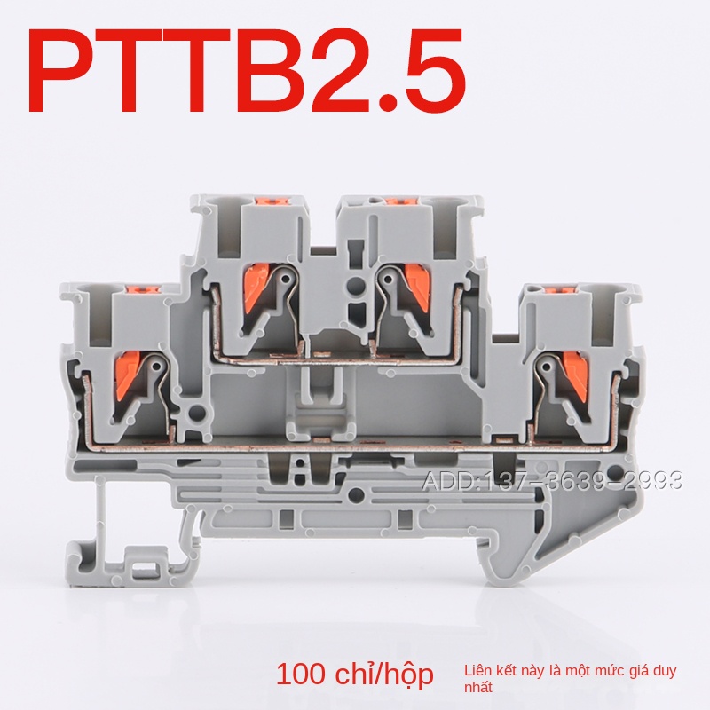 Cầu đấu hai tầng PTTB2.5 – Loại cắm thẳng, kết nối liên tầng trên–dưới (PTTB2.5-PV), đấu nối lò xo 4 lỗ, gắn DIN, không cần dụng cụ - PTTB2.5-PV xanh (1c)