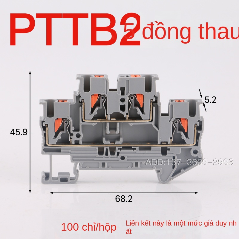 Cầu đấu hai tầng PTTB2.5 – Loại cắm thẳng, kết nối liên tầng trên–dưới (PTTB2.5-PV), đấu nối lò xo 4 lỗ, gắn DIN, không cần dụng cụ - PTTB2.5-PV xanh (1c)