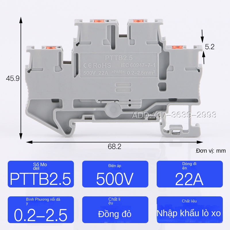 Cầu đấu hai tầng PTTB2.5 – Loại cắm thẳng, kết nối liên tầng trên–dưới (PTTB2.5-PV), đấu nối lò xo 4 lỗ, gắn DIN, không cần dụng cụ - Tấm chắn D-PTTB2.5