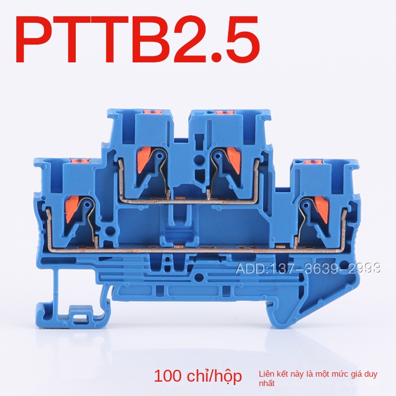 Cầu đấu hai tầng PTTB2.5 – Loại cắm thẳng, kết nối liên tầng trên–dưới (PTTB2.5-PV), đấu nối lò xo 4 lỗ, gắn DIN, không cần dụng cụ - Tấm chắn D-PTTB2.5