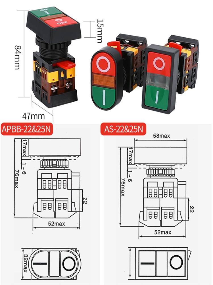 Công tắc nhấn đôi APBB-22/25N – hai nút đỏ/ xanh có đèn, kiểu reset, 2 vị trí - AC380V - PPBB-30N