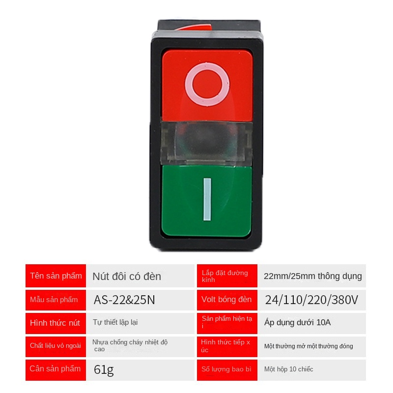 Công tắc nhấn đôi APBB-22/25N – hai nút đỏ/ xanh có đèn, kiểu reset, 2 vị trí - AC380V - PPBB-30N