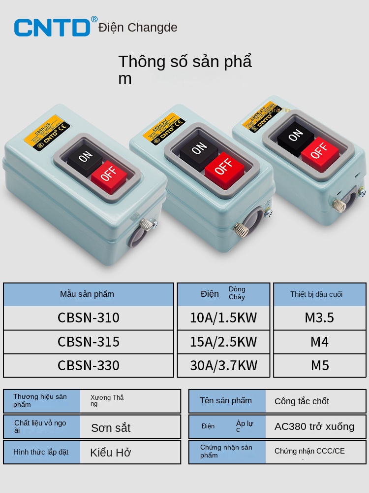 Công tắc nhấn nhả CBSN-315CPB – khởi động nguồn 220V/380V, hộp điều khiển 3 pha - CBSN-330