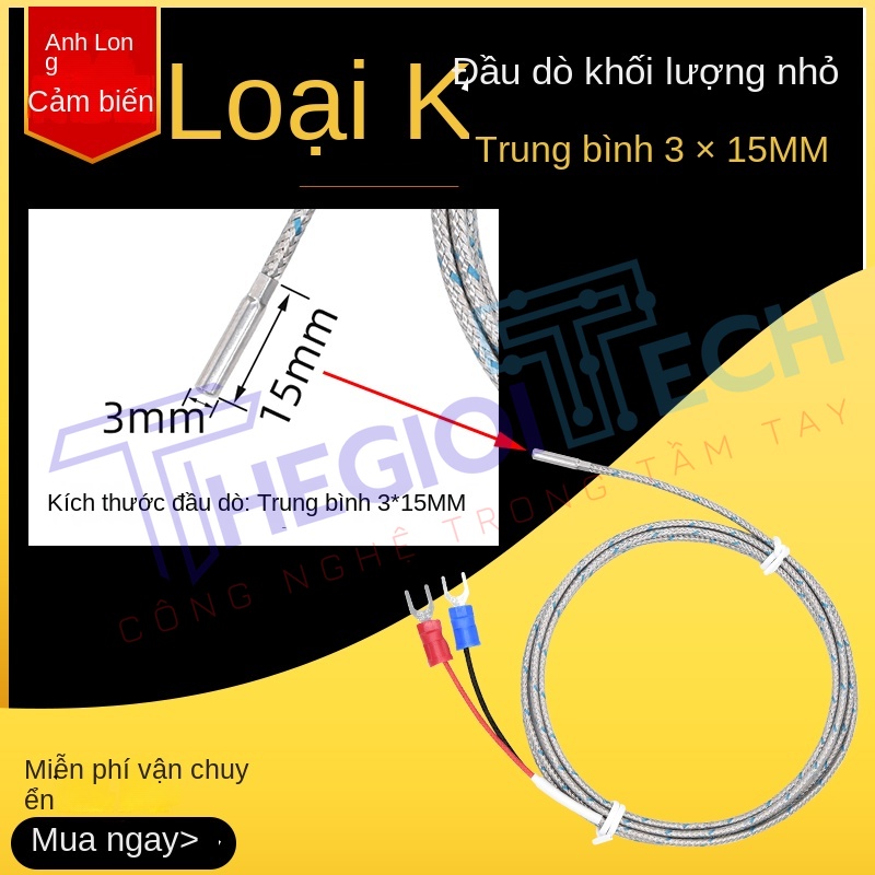 Đầu dò nhiệt cặp K – đầu dò nhiệt điện đơn giản, cảm biến nhiệt độ dạng trụ nhỏ, đường kính 3×15mm - K-Φ3×15 0.5m