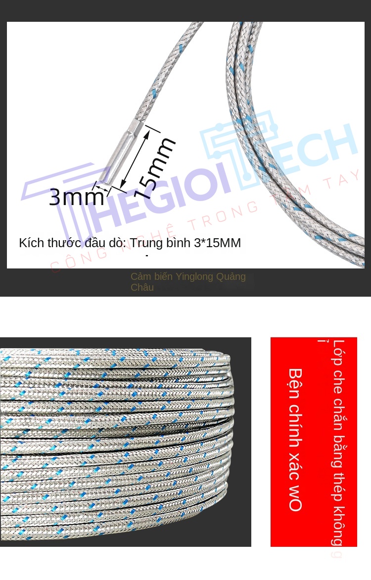 Đầu dò nhiệt cặp K – đầu dò nhiệt điện đơn giản, cảm biến nhiệt độ dạng trụ nhỏ, đường kính 3×15mm - K-Φ3×15 0.5m