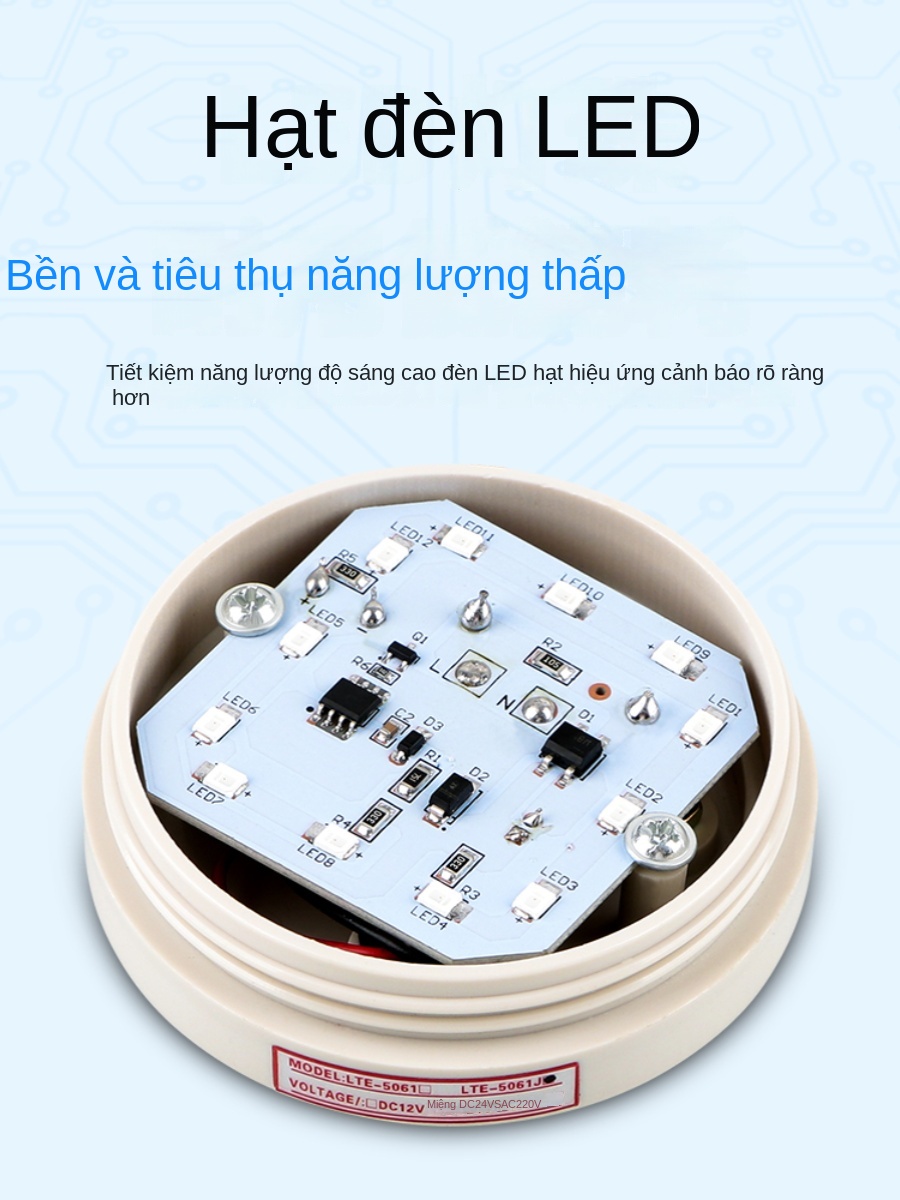 Đèn báo còi hú LTE-5061J – Loại mini, có đèn & còi, chớp nháy / sáng liên tục, đế nam châm tiện lắp đặt - Màu đỏ [24V, không tiếng ồn], loại nam châm hút
