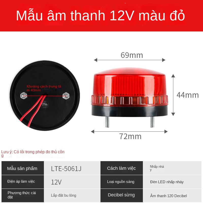 Đèn báo còi hú LTE-5061J – Loại mini, có đèn & còi, chớp nháy / sáng liên tục, đế nam châm tiện lắp đặt - Màu đỏ [24V, không tiếng ồn], loại nam châm hút