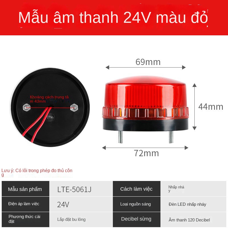Đèn báo còi hú LTE-5061J – Loại mini, có đèn & còi, chớp nháy / sáng liên tục, đế nam châm tiện lắp đặt - Màu đỏ [24V, không tiếng ồn], loại nam châm hút