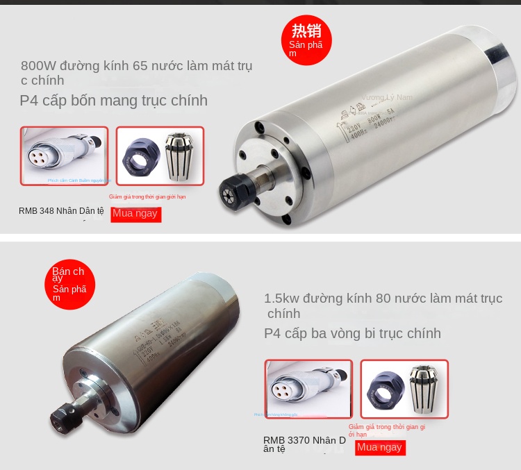 Động cơ trục chính CNC tốc độ cao 800W–5.5KW, làm mát bằng nước - 800W, dài 195mm, 4 vòng bi
