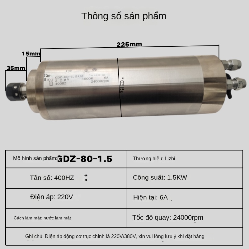 Động cơ trục chính CNC tốc độ cao 800W–5.5KW, làm mát bằng nước - 800W, dài 195mm, 4 vòng bi