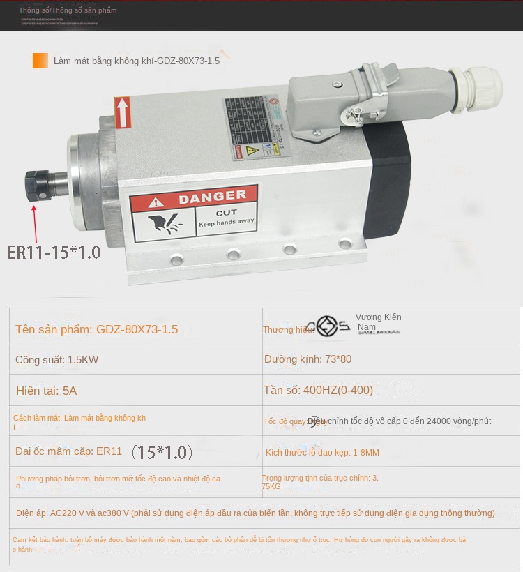 Động cơ trục chính điện cho máy khắc CNC – Tốc độ cao, công suất 800W–6KW, làm mát bằng gió - Dòng 1.5kW–6 dùng vòng bi SKF, đầu kẹp ER11