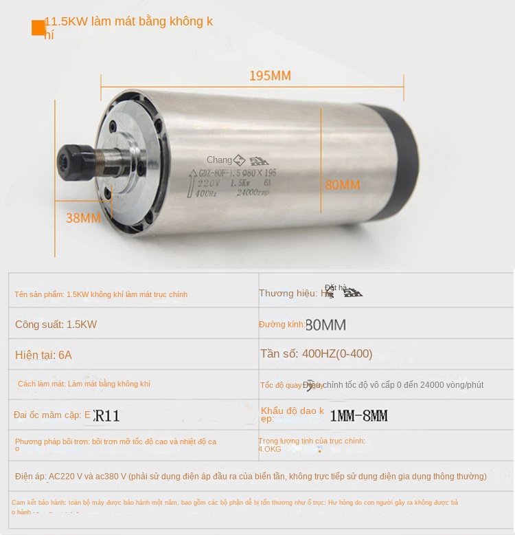 Động cơ trục chính điện cho máy khắc CNC – Tốc độ cao, công suất 800W–6KW, làm mát bằng gió - Dòng 1.5kW–6 dùng vòng bi SKF, đầu kẹp ER11