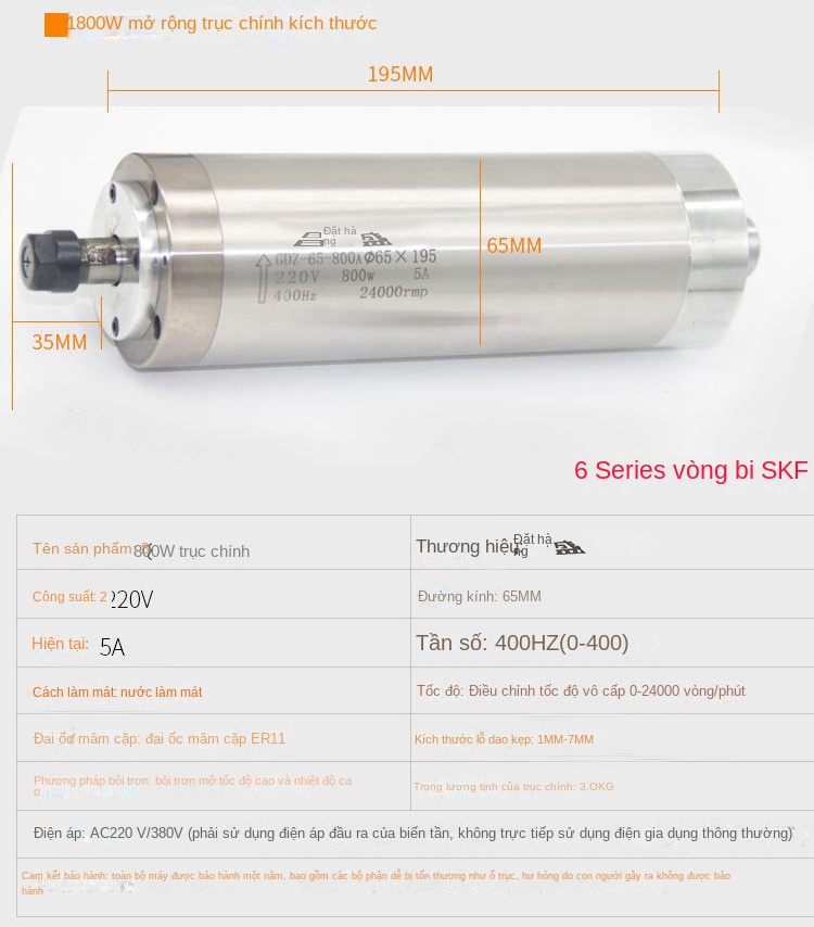Động cơ trục chính máy khắc CNC CS – Tốc độ cao, công suất 800W / 1.5 / 2.2 / 3.0 / 3.2 / 4.5 / 5.5KW, thương hiệu Changsheng - 2.2KW, cao 235mm, làm mát nước, dòng 6 dùng SKF