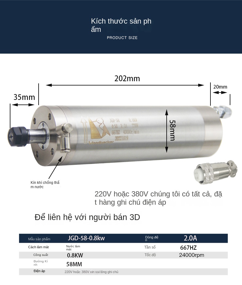 Động cơ trục chính máy khắc CNC CS – Tốc độ cao, công suất 800W / 1.5 / 2.2 / 3.0 / 3.2 / 4.5 / 5.5KW, thương hiệu Changsheng - 3.2KW, dùng cho đá