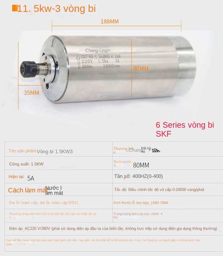 Động cơ trục chính máy khắc CNC CS – Tốc độ cao, công suất 800W / 1.5 / 2.2 / 3.0 / 3.2 / 4.5 / 5.5KW, thương hiệu Changsheng - 3.2KW, dùng cho đá