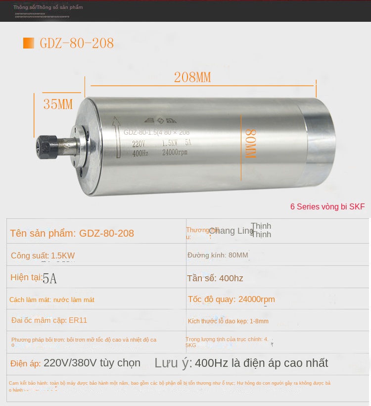 Động cơ trục chính máy khắc CNC CS – Tốc độ cao, công suất 800W / 1.5 / 2.2 / 3.0 / 3.2 / 4.5 / 5.5KW, thương hiệu Changsheng - GDZ-100, 3.2KW, đầu kẹp ER25
