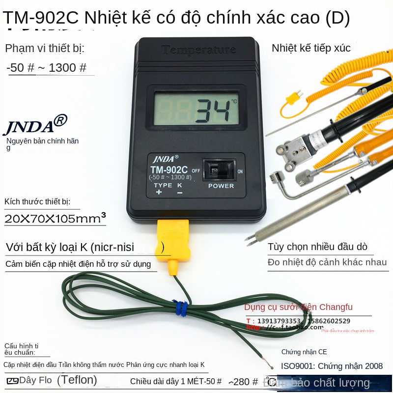 Đồng hồ nhiệt độ số TM902C – Nhiệt độ cao, đo nhanh, công nghiệp, cảm biến nhiệt điện K bề mặt - Tiêu chuẩn + đầu dò 3×80mm