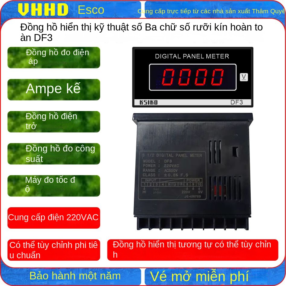 Đồng hồ số 3½ VHHD DF3 – Loại vỏ kín hoàn toàn, hiển thị điện áp DC/AC, dòng điện, điện trở, công suất, tốc độ, hàng chính hãng – DF3 DC200mA (0–199.9), nguồn 220VAC