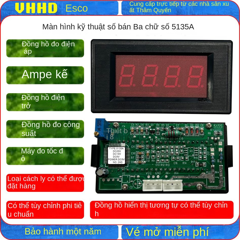 Đồng hồ số 3½ VHHD5135A – Hiển thị điện áp, dòng điện, điện trở, công suất, tốc độ, có thể đặt loại cách ly / chế tạo theo yêu cầu - Mẫu 2, 5135A, 2V (0-1.999), nguồn DC5V, không cách ly