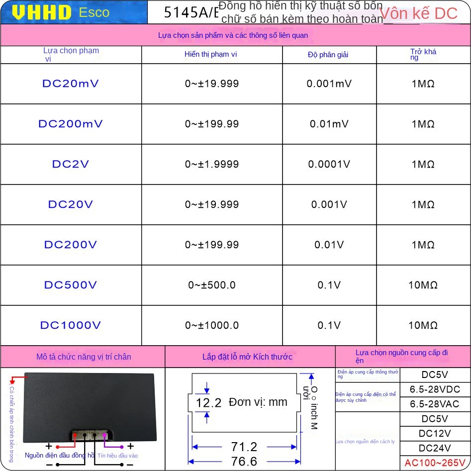 Đồng hồ số 4½ VHHD 5145A/B – Loại vỏ kín hoàn toàn, hiển thị điện áp, dòng điện, điện trở, công suất, tốc độ, có thể đặt loại cách ly - Số 56 5145A/B Nguồn điện chuyển mạch 5V 2A (dành cho đồng hồ hiển thị kỹ thuật số) Liên hệ bộ phận chăm sóc khách hàng
